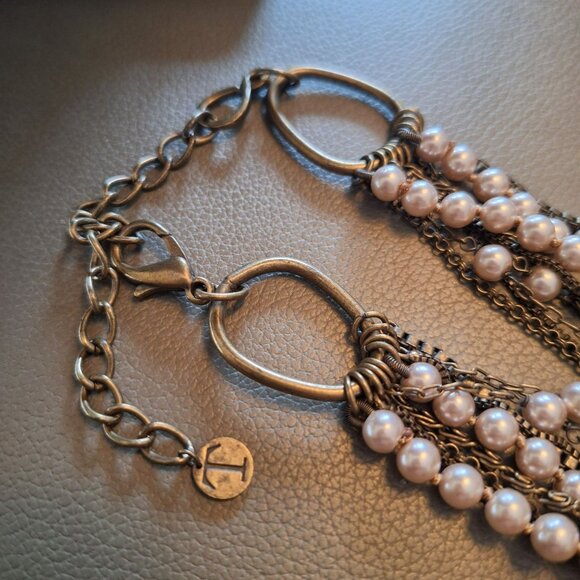 Talbots Multi Layer Strand Faux Pearl Necklace Bronze Chain Statement 22 Inch - Picture 4 of 6